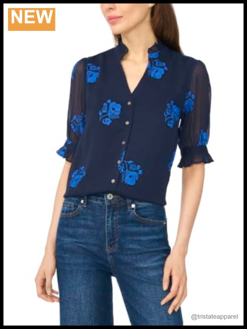 Ruffle V-Neck Elbow Sleeve Button-Up Blouse
